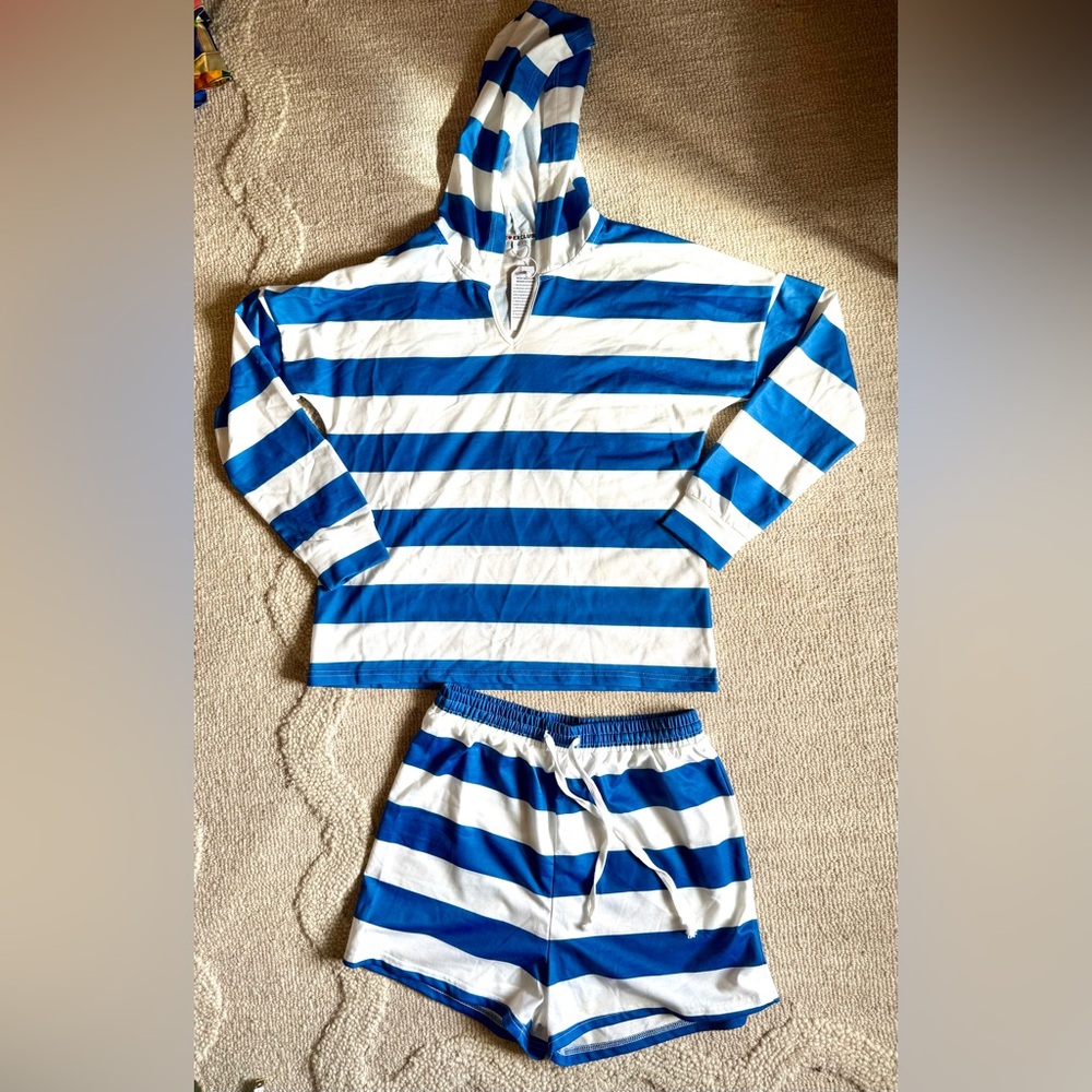Blue and White Striped Hoodie and Shorts Set